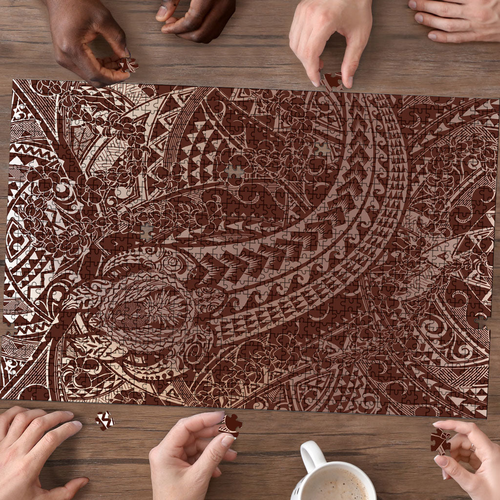 Hawaiian Turtles and Leis Puzzle Tribal Kakau Pattern Mocha Mousse Color