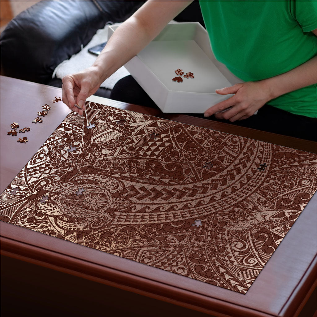 Hawaiian Turtles and Leis Puzzle Tribal Kakau Pattern Mocha Mousse Color