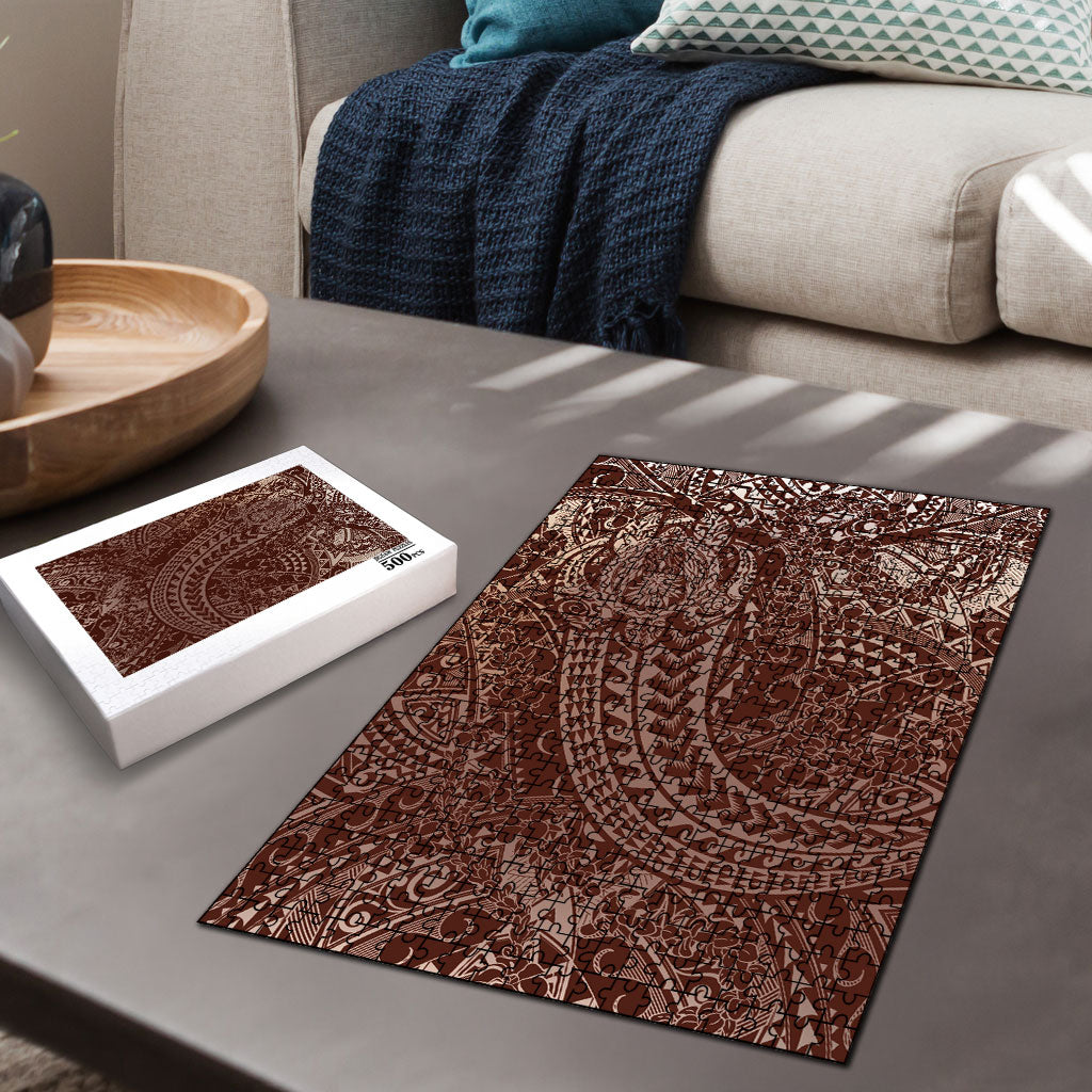 Hawaiian Turtles and Leis Puzzle Tribal Kakau Pattern Mocha Mousse Color