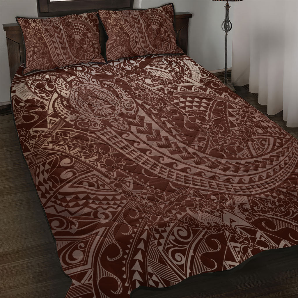 Hawaiian Turtles and Leis Quilt Bed Set Tribal Kakau Pattern Mocha Mousse Color