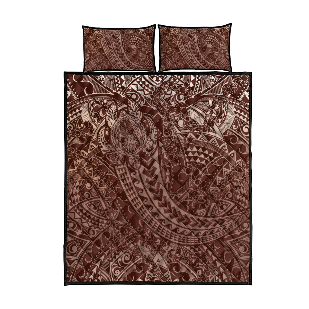 Hawaiian Turtles and Leis Quilt Bed Set Tribal Kakau Pattern Mocha Mousse Color