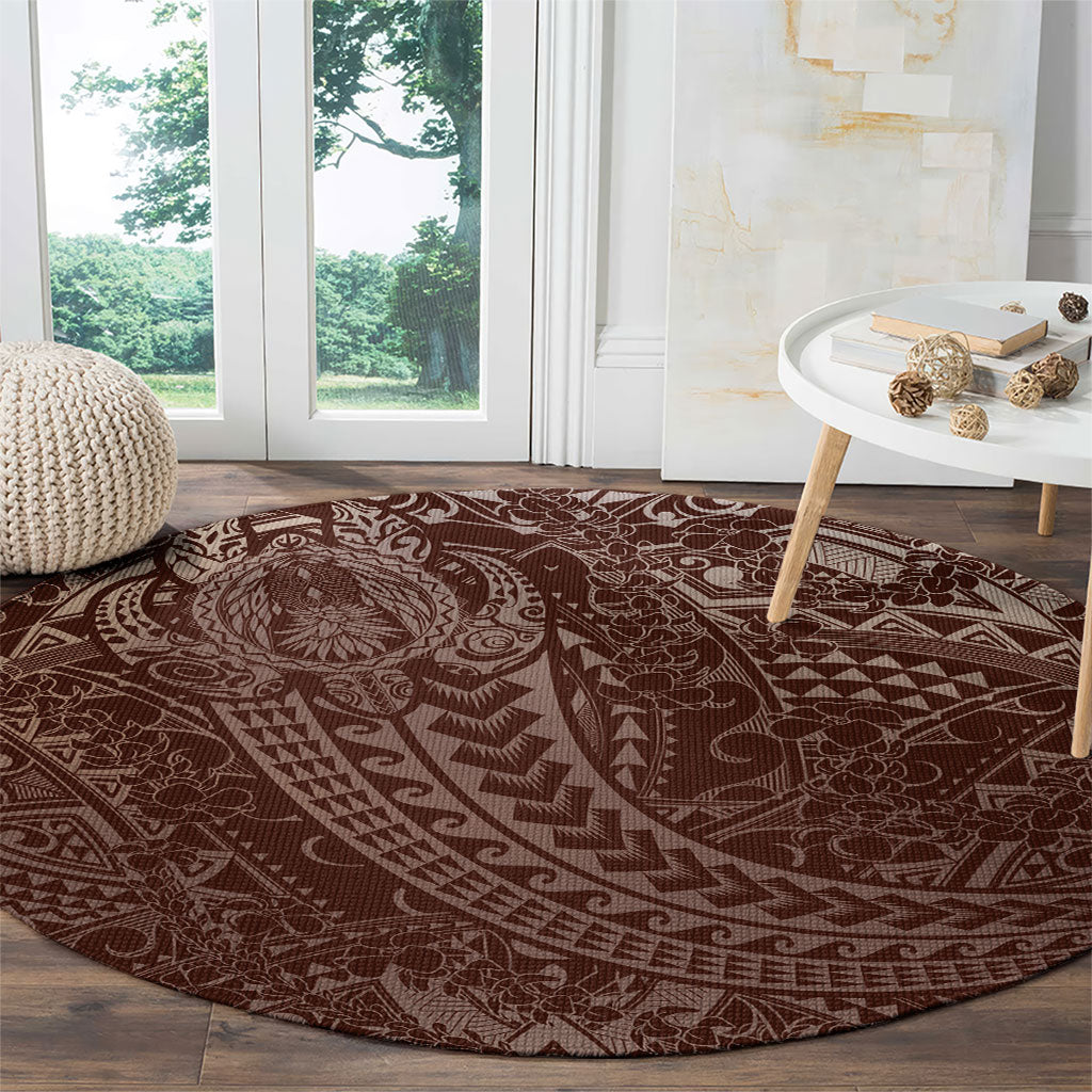 Hawaiian Turtles and Leis Round Carpet Tribal Kakau Pattern Mocha Mousse Color