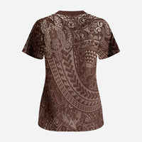 Hawaiian Turtles and Leis Scrub Top Tribal Kakau Pattern Mocha Mousse Color