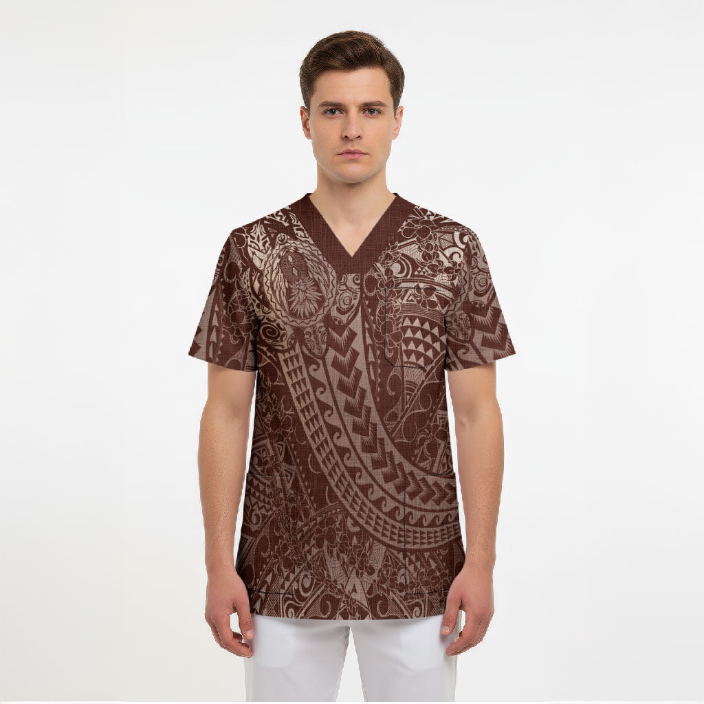 Hawaiian Turtles and Leis Scrub Top Tribal Kakau Pattern Mocha Mousse Color