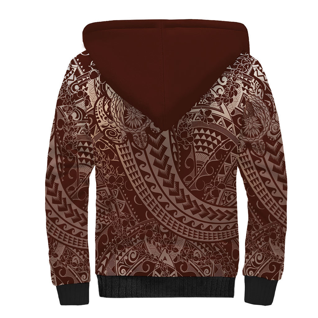 Hawaiian Turtles and Leis Sherpa Hoodie Tribal Kakau Pattern Mocha Mousse Color