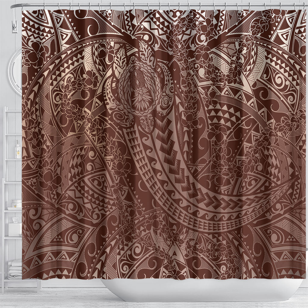 Hawaiian Turtles and Leis Shower Curtain Tribal Kakau Pattern Mocha Mousse Color