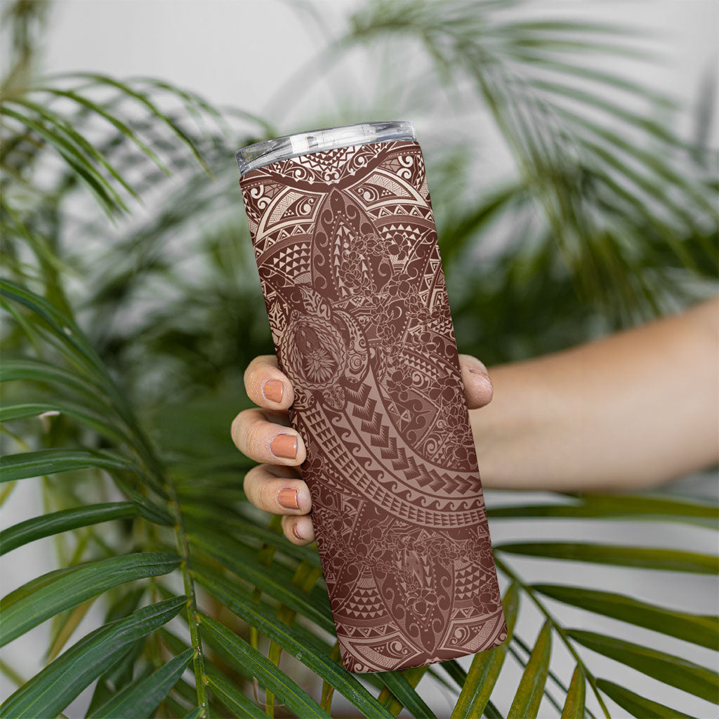 Hawaiian Turtles and Leis Skinny Tumbler Tribal Kakau Pattern Mocha Mousse Color
