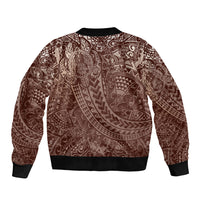 Hawaiian Turtles and Leis Sleeve Zip Bomber Jacket Tribal Kakau Pattern Mocha Mousse Color