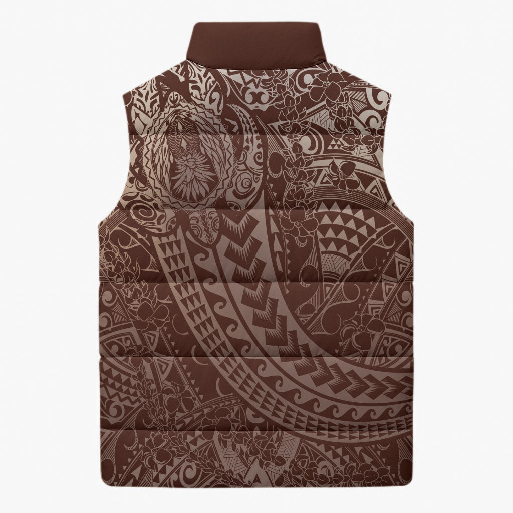 Hawaiian Turtles and Leis Sleeveless Puffer Jacket Tribal Kakau Pattern Mocha Mousse Color
