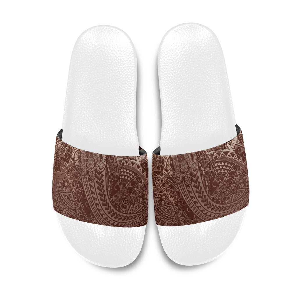 Hawaiian Turtles and Leis Slide Sandals Tribal Kakau Pattern Mocha Mousse Color