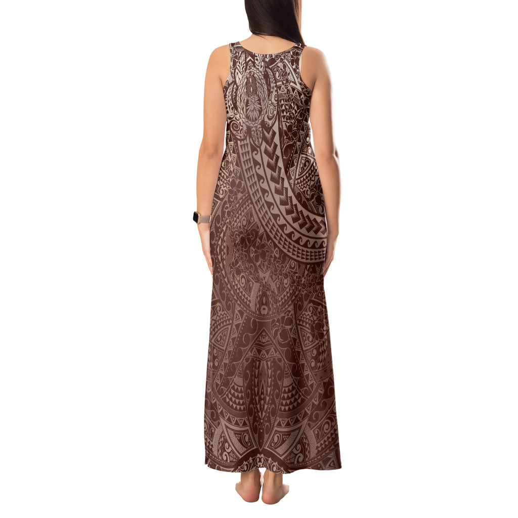 Hawaiian Turtles and Leis Tank Maxi Dress Tribal Kakau Pattern Mocha Mousse Color