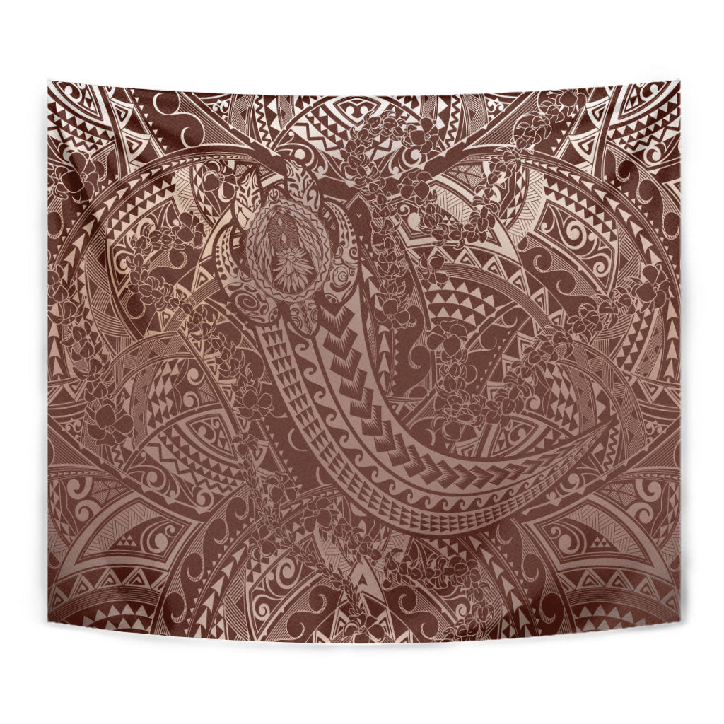 Hawaiian Turtles and Leis Tapestry Tribal Kakau Pattern Mocha Mousse Color