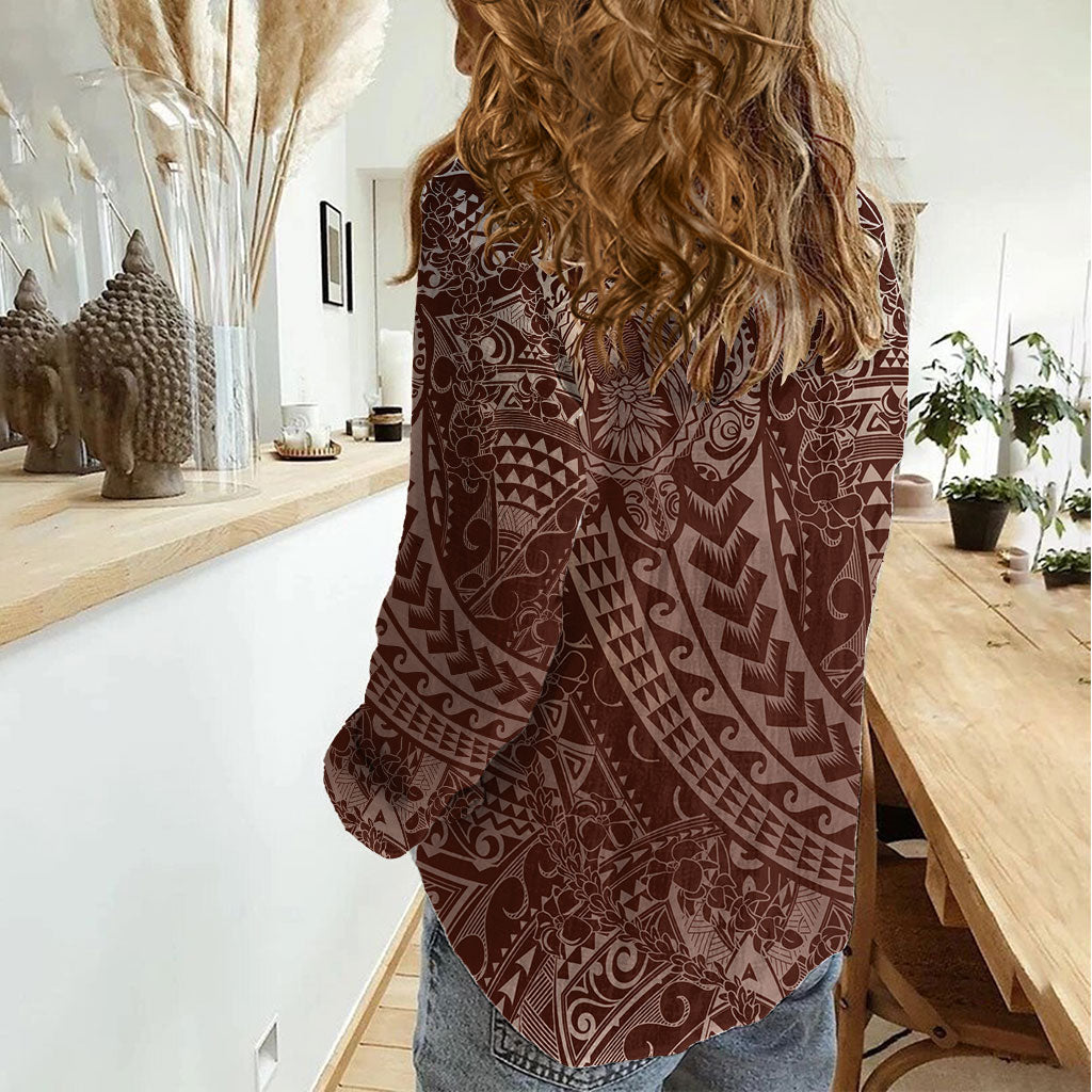 Hawaiian Turtles and Leis Women Casual Shirt Tribal Kakau Pattern Mocha Mousse Color