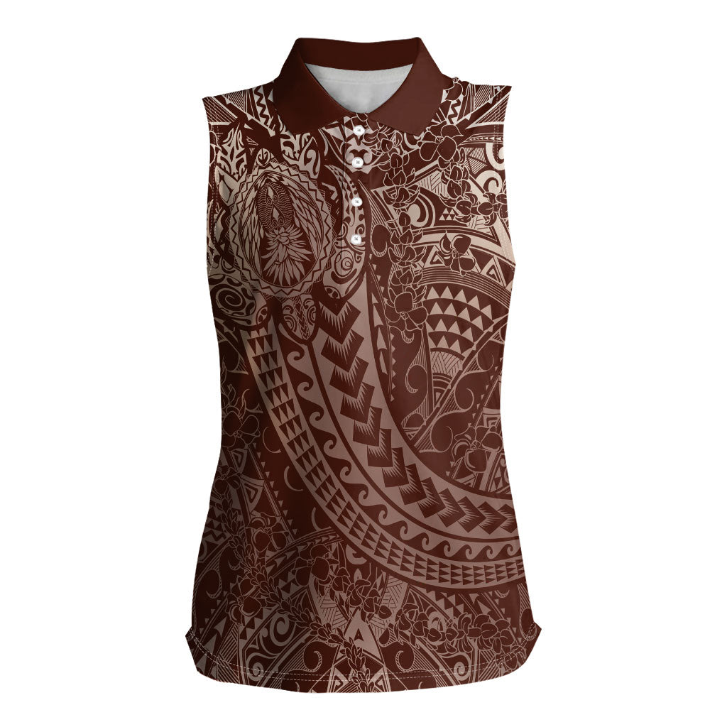 Hawaiian Turtles and Leis Women Sleeveless Polo Shirt Tribal Kakau Pattern Mocha Mousse Color