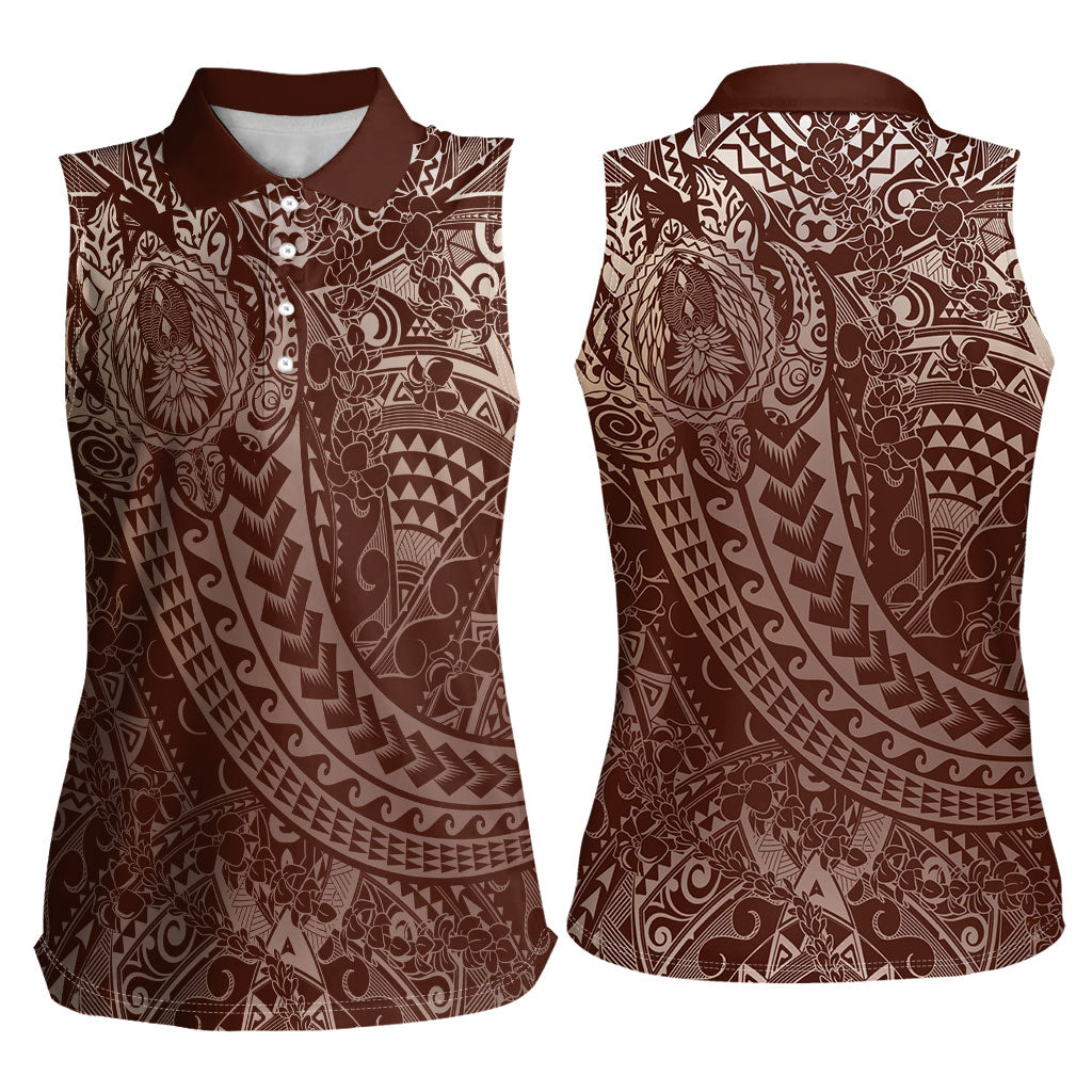 Hawaiian Turtles and Leis Women Sleeveless Polo Shirt Tribal Kakau Pattern Mocha Mousse Color
