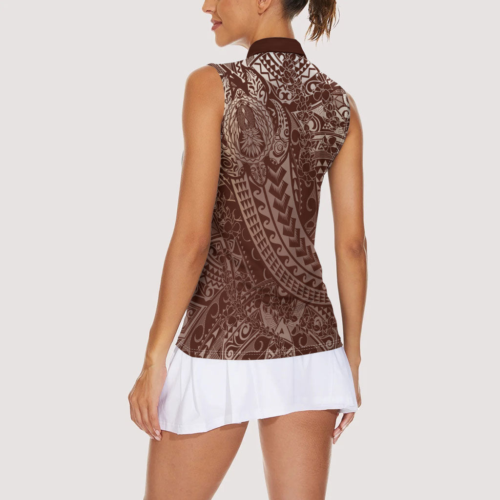 Hawaiian Turtles and Leis Women Sleeveless Polo Shirt Tribal Kakau Pattern Mocha Mousse Color