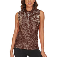 Hawaiian Turtles and Leis Women Sleeveless Polo Shirt Tribal Kakau Pattern Mocha Mousse Color