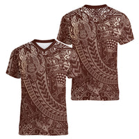 Hawaiian Turtles and Leis Women V-Neck T-Shirt Tribal Kakau Pattern Mocha Mousse Color