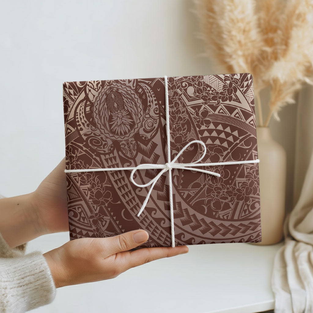 Hawaiian Turtles and Leis Wrapping Paper Tribal Kakau Pattern Mocha Mousse Color