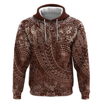 Hawaiian Turtles and Leis Zip Hoodie Tribal Kakau Pattern Mocha Mousse Color