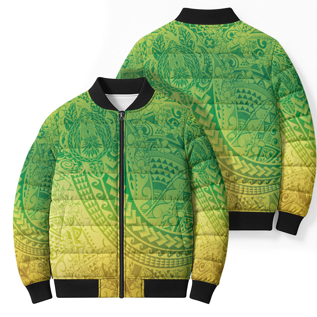 Hawaiian Turtles and Leis Bomber Puffer Jacket Tribal Kakau Pattern Fresh Summer Vibe
