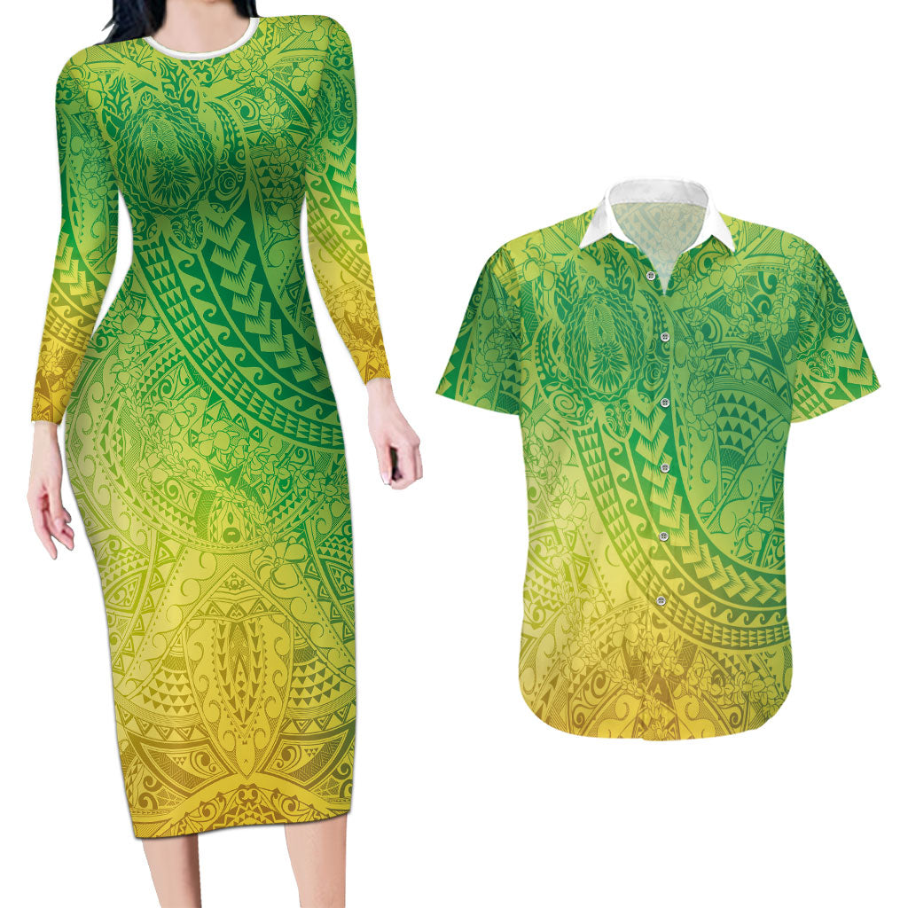 Hawaiian Turtles and Leis Couples Matching Long Sleeve Bodycon Dress and Hawaiian Shirt Tribal Kakau Pattern Fresh Summer Vibe LT03 Green - Polynesian Pride