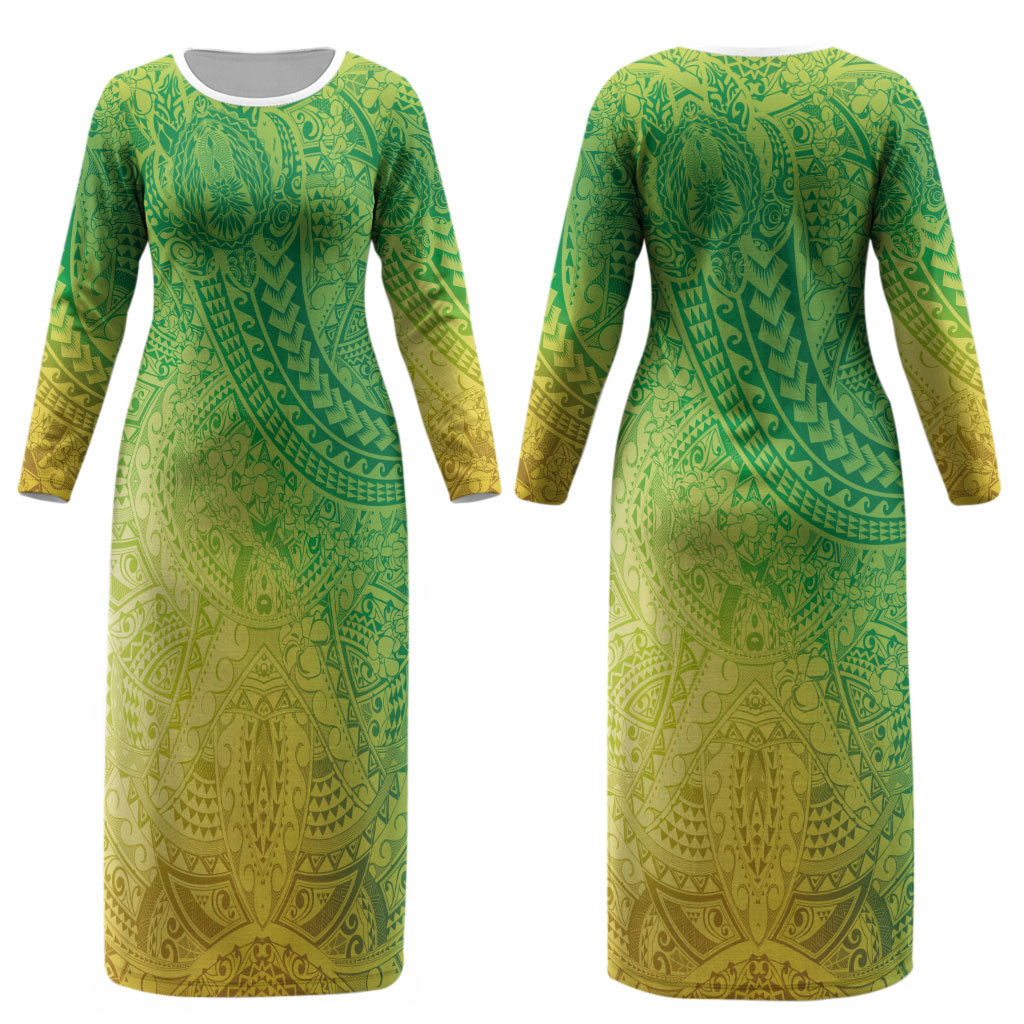 Hawaiian Turtles and Leis Couples Matching Long Sleeve Bodycon Dress and Hawaiian Shirt Tribal Kakau Pattern Fresh Summer Vibe LT03 - Polynesian Pride