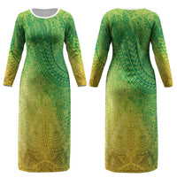 Hawaiian Turtles and Leis Couples Matching Long Sleeve Bodycon Dress and Hawaiian Shirt Tribal Kakau Pattern Fresh Summer Vibe LT03 - Polynesian Pride