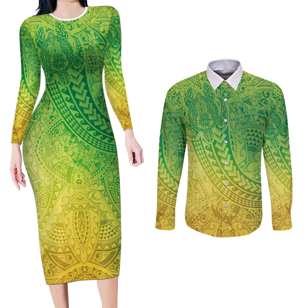 Hawaiian Turtles and Leis Couples Matching Long Sleeve Bodycon Dress and Long Sleeve Button Shirt Tribal Kakau Pattern Fresh Summer Vibe LT03 Green - Polynesian Pride