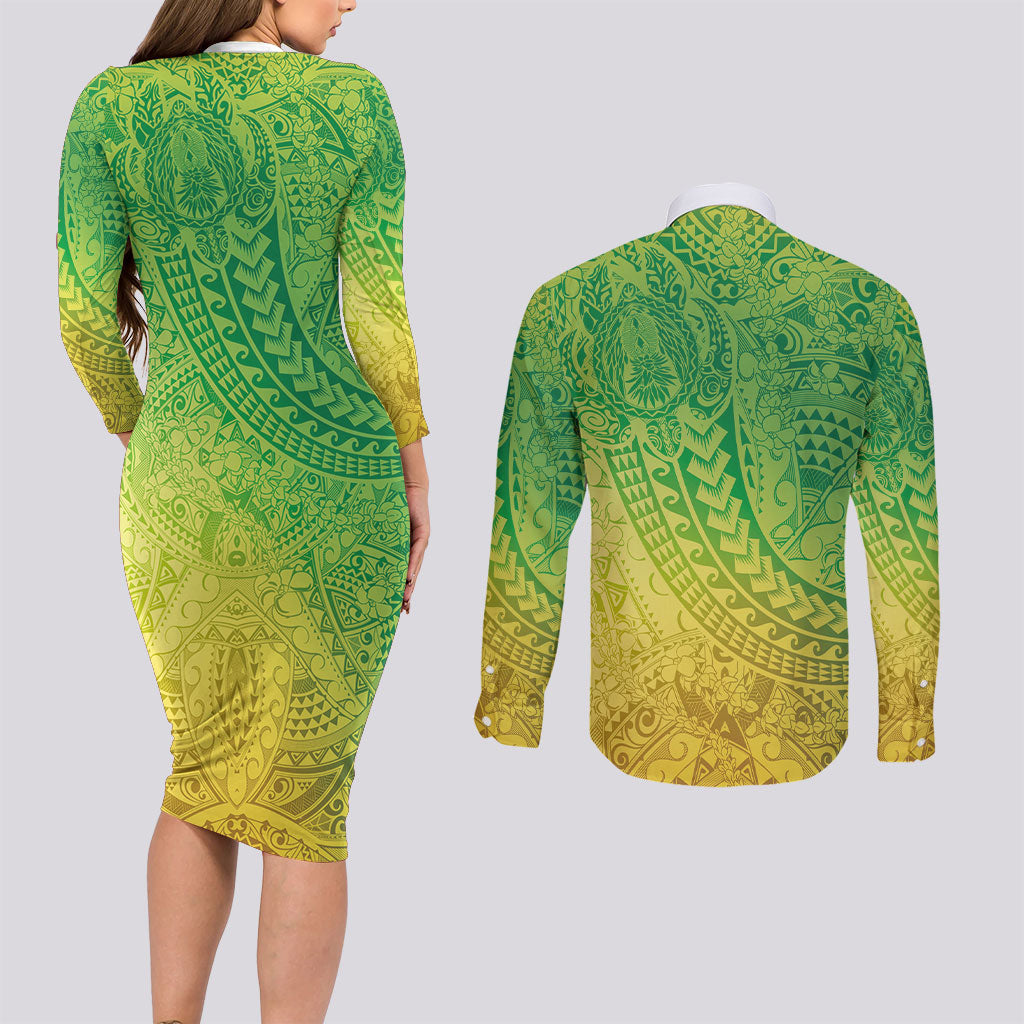 Hawaiian Turtles and Leis Couples Matching Long Sleeve Bodycon Dress and Long Sleeve Button Shirt Tribal Kakau Pattern Fresh Summer Vibe