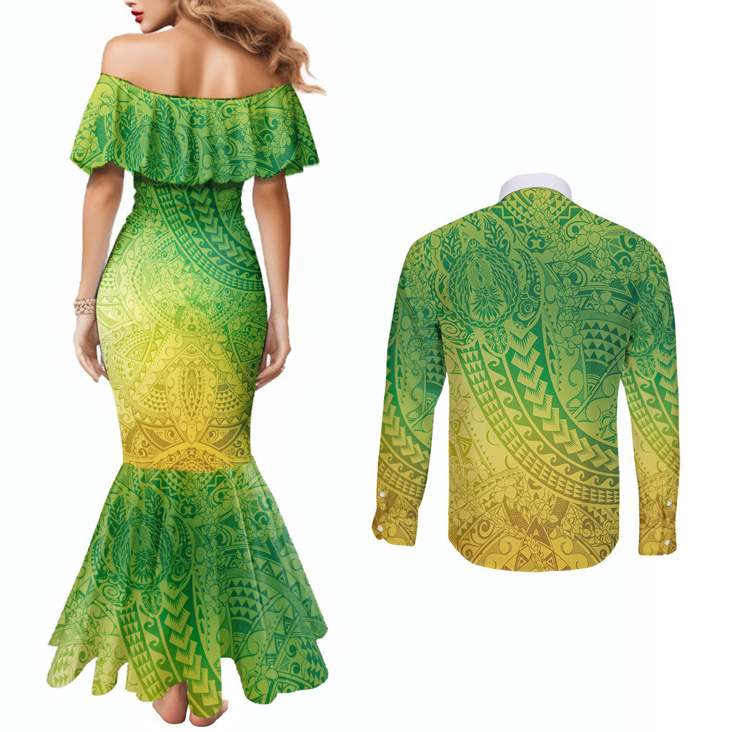 Hawaiian Turtles and Leis Couples Matching Mermaid Dress and Long Sleeve Button Shirt Tribal Kakau Pattern Fresh Summer Vibe