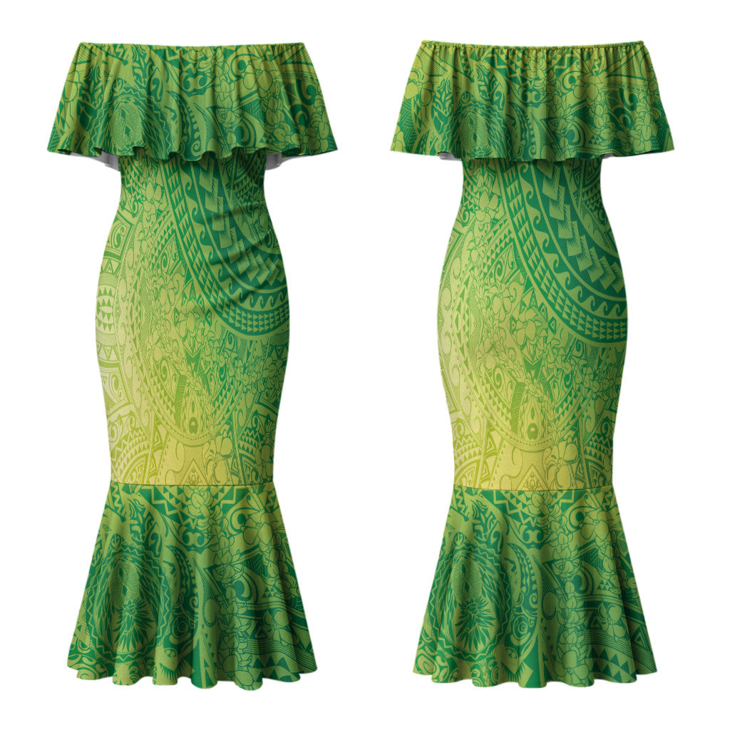 Hawaiian Turtles and Leis Couples Matching Mermaid Dress and Long Sleeve Button Shirt Tribal Kakau Pattern Fresh Summer Vibe LT03 - Polynesian Pride