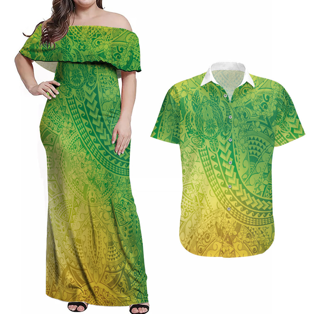 Hawaiian Turtles and Leis Couples Matching Off Shoulder Maxi Dress and Hawaiian Shirt Tribal Kakau Pattern Fresh Summer Vibe