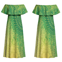 Hawaiian Turtles and Leis Couples Matching Off Shoulder Maxi Dress and Hawaiian Shirt Tribal Kakau Pattern Fresh Summer Vibe LT03 - Polynesian Pride