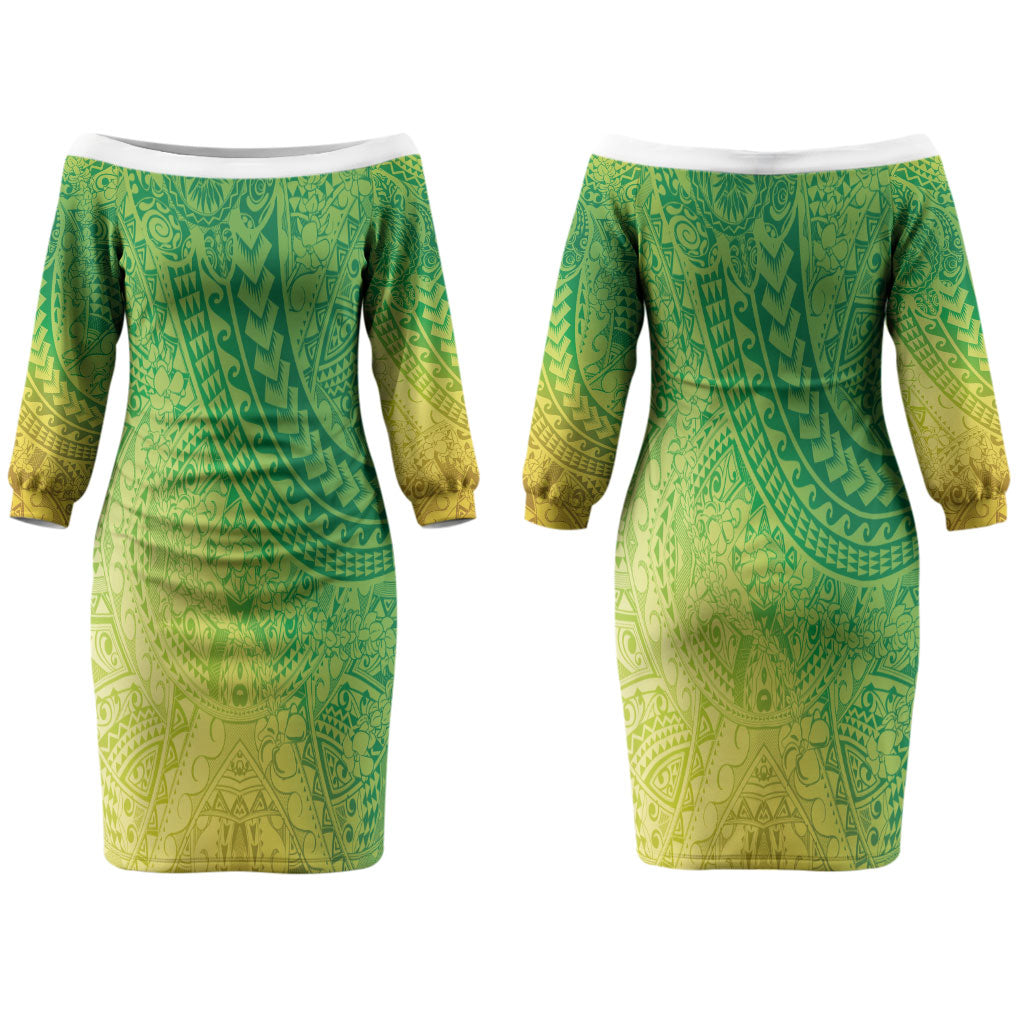 Hawaiian Turtles and Leis Couples Matching Off The Shoulder Long Sleeve Dress and Hawaiian Shirt Tribal Kakau Pattern Fresh Summer Vibe LT03 - Polynesian Pride