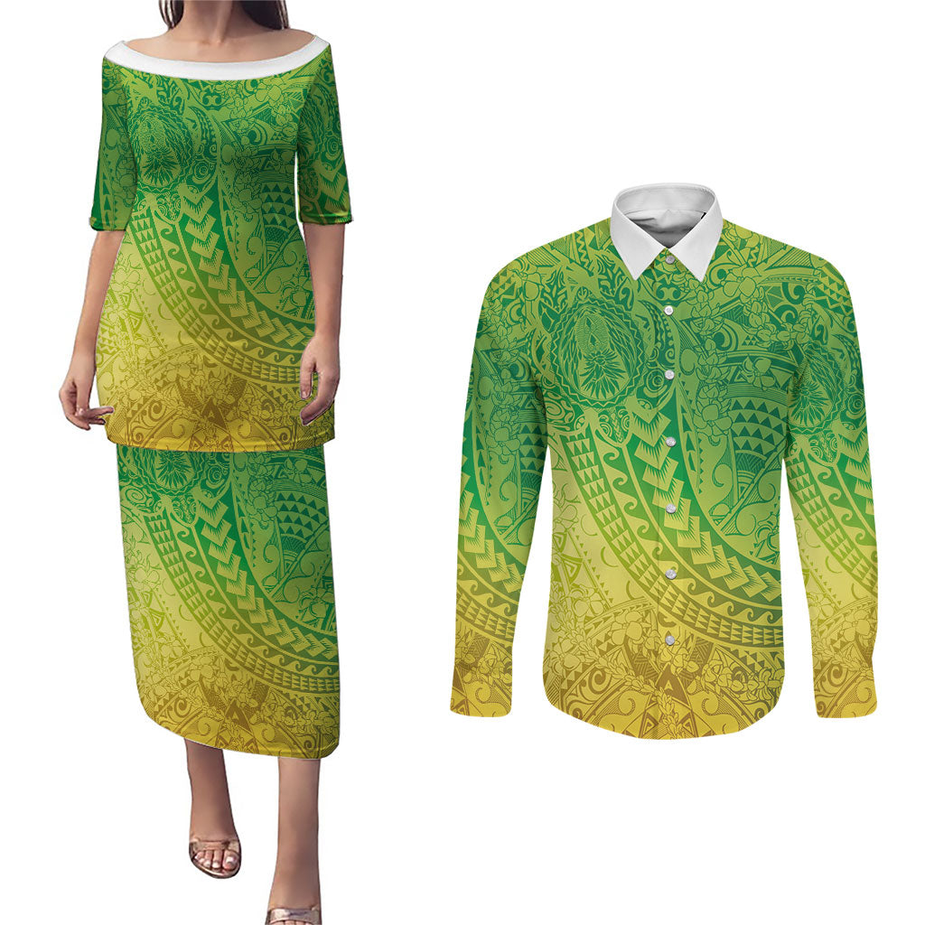 Hawaiian Turtles and Leis Couples Matching Puletasi and Long Sleeve Button Shirt Tribal Kakau Pattern Fresh Summer Vibe LT03 Green - Polynesian Pride