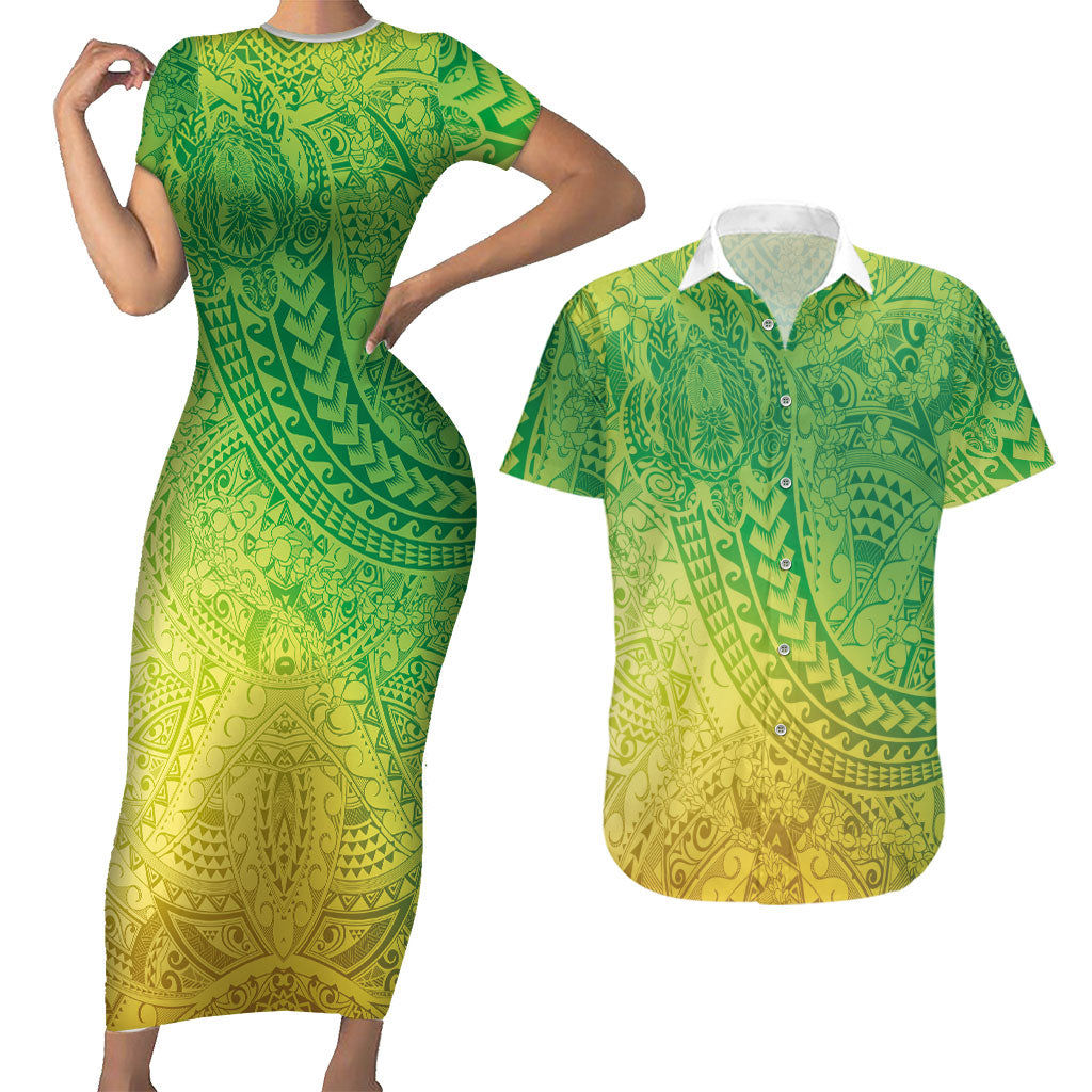 Hawaiian Turtles and Leis Couples Matching Short Sleeve Bodycon Dress and Hawaiian Shirt Tribal Kakau Pattern Fresh Summer Vibe LT03 Green - Polynesian Pride