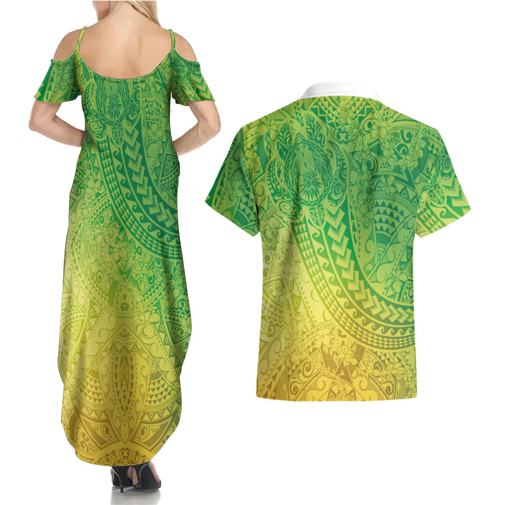 Hawaiian Turtles and Leis Couples Matching Summer Maxi Dress and Hawaiian Shirt Tribal Kakau Pattern Fresh Summer Vibe
