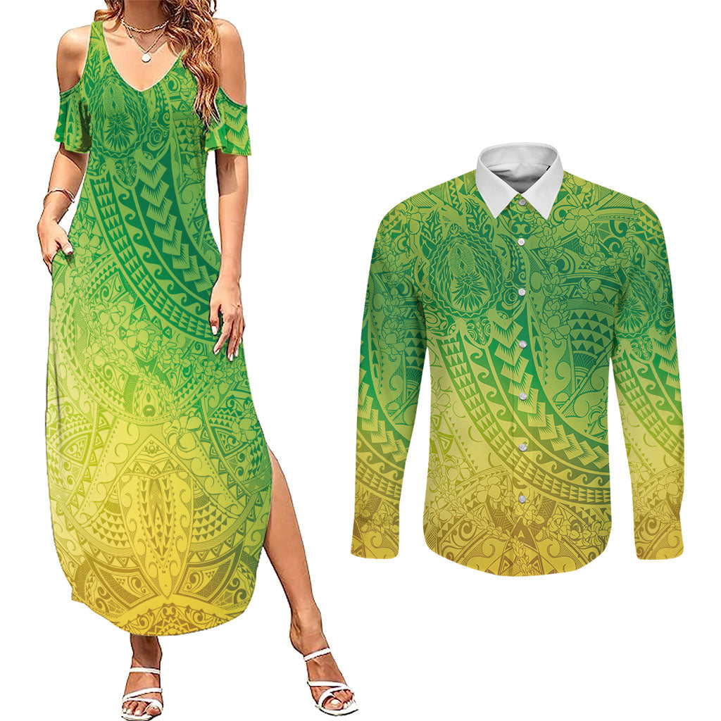 Hawaiian Turtles and Leis Couples Matching Summer Maxi Dress and Long Sleeve Button Shirt Tribal Kakau Pattern Fresh Summer Vibe LT03 Green - Polynesian Pride