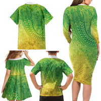 Hawaiian Turtles and Leis Family Matching Long Sleeve Bodycon Dress and Hawaiian Shirt Tribal Kakau Pattern Fresh Summer Vibe
