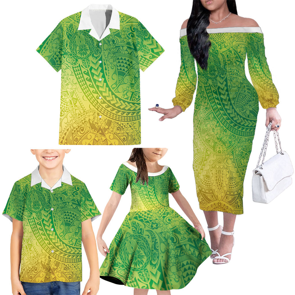 Hawaiian Turtles and Leis Family Matching Off The Shoulder Long Sleeve Dress and Hawaiian Shirt Tribal Kakau Pattern Fresh Summer Vibe LT03 - Polynesian Pride