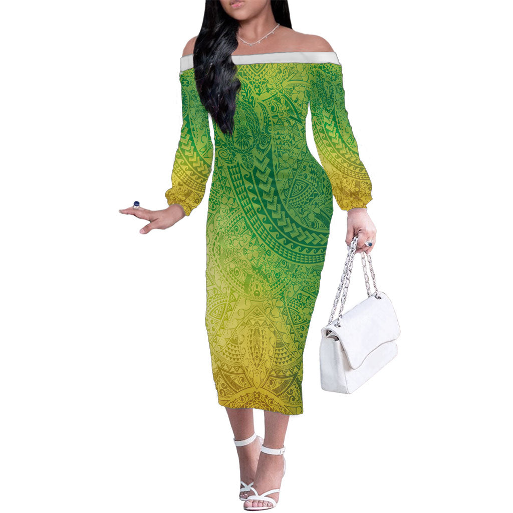 Hawaiian Turtles and Leis Family Matching Off The Shoulder Long Sleeve Dress and Hawaiian Shirt Tribal Kakau Pattern Fresh Summer Vibe