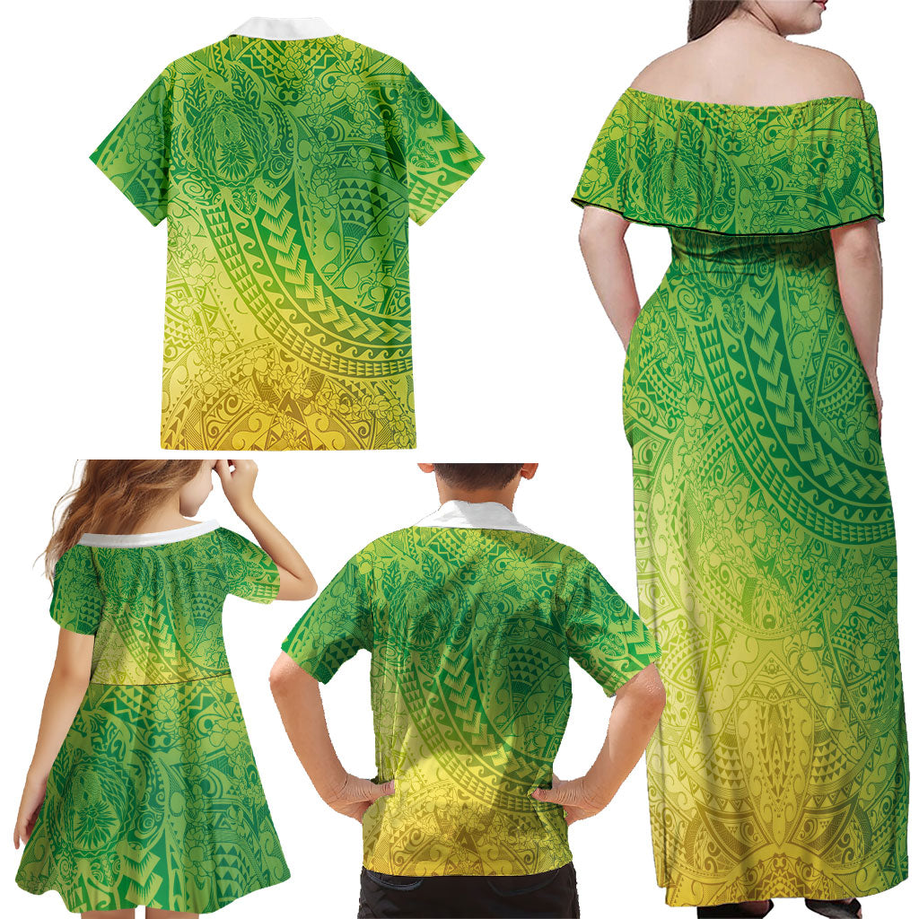 Hawaiian Turtles and Leis Family Matching Off Shoulder Maxi Dress and Hawaiian Shirt Tribal Kakau Pattern Fresh Summer Vibe