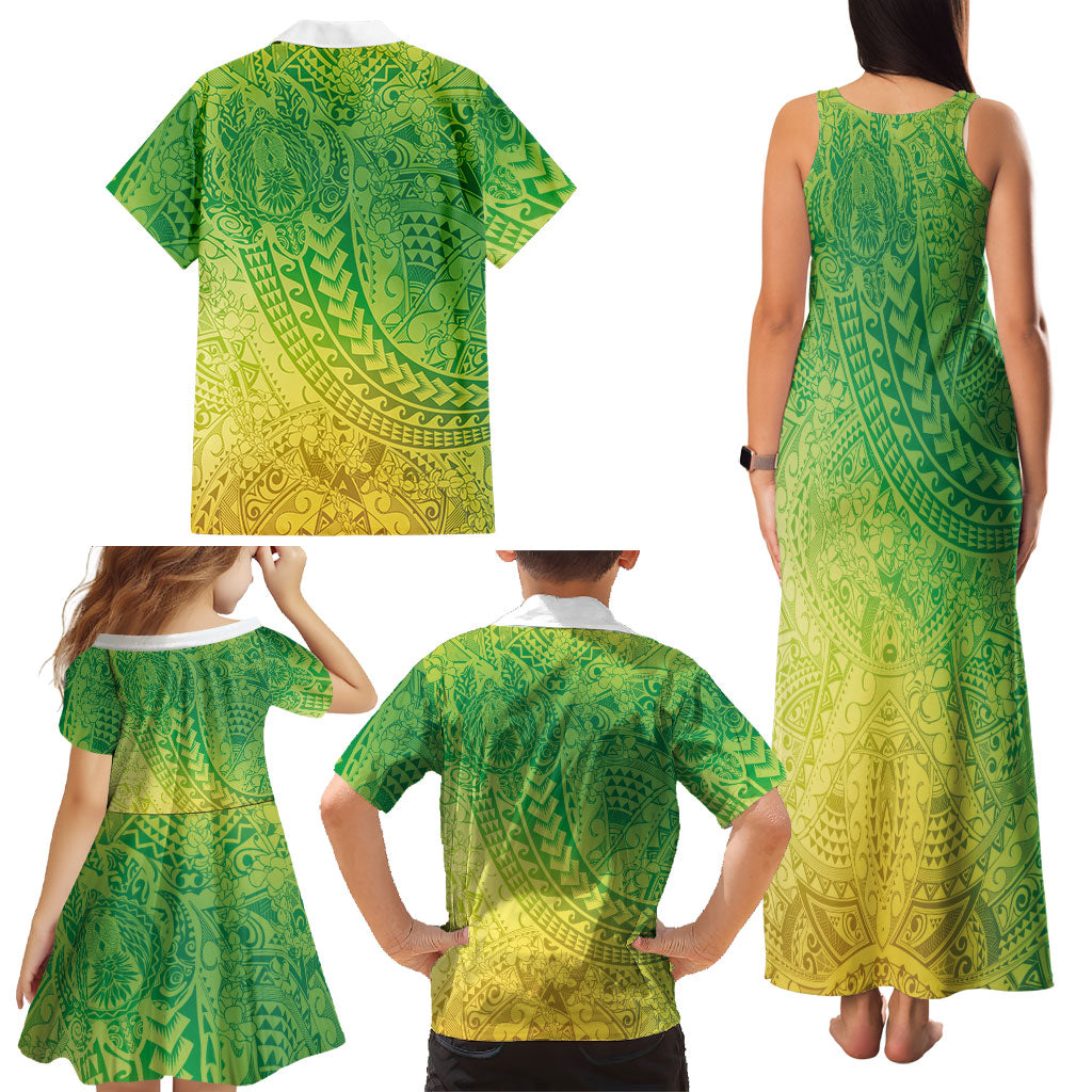 Hawaiian Turtles and Leis Family Matching Tank Maxi Dress and Hawaiian Shirt Tribal Kakau Pattern Fresh Summer Vibe