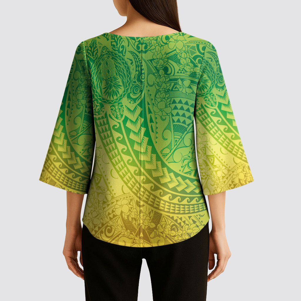 Hawaiian Turtles and Leis Kimono Sleeve Blouse Tribal Kakau Pattern Fresh Summer Vibe