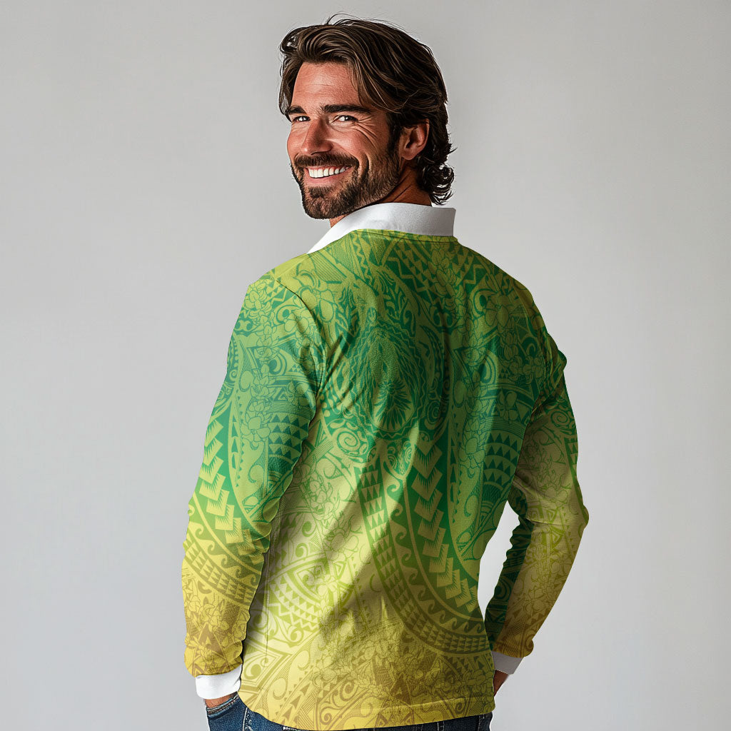 Hawaiian Turtles and Leis Long Sleeve Polo Shirt Tribal Kakau Pattern Fresh Summer Vibe