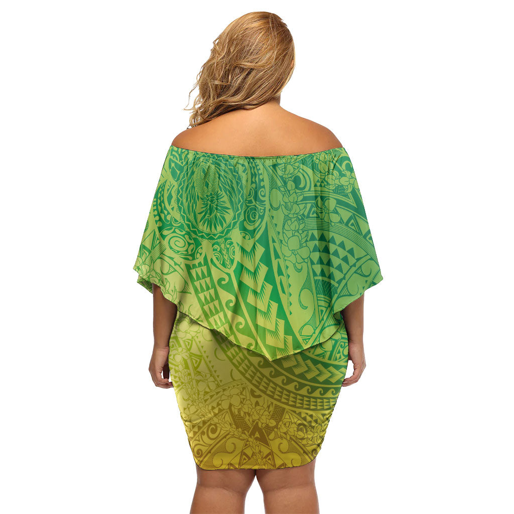 Hawaiian Turtles and Leis Off Shoulder Short Dress Tribal Kakau Pattern Fresh Summer Vibe