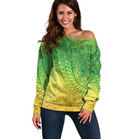Hawaiian Turtles and Leis Off Shoulder Sweater Tribal Kakau Pattern Fresh Summer Vibe