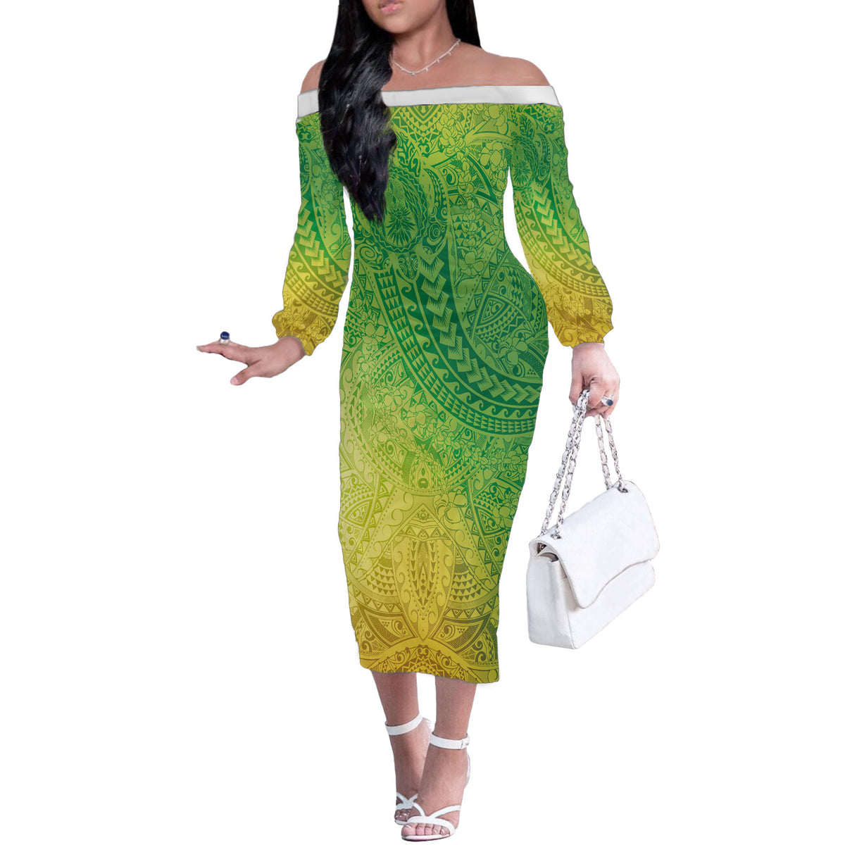 Hawaiian Turtles and Leis Off The Shoulder Long Sleeve Dress Tribal Kakau Pattern Fresh Summer Vibe