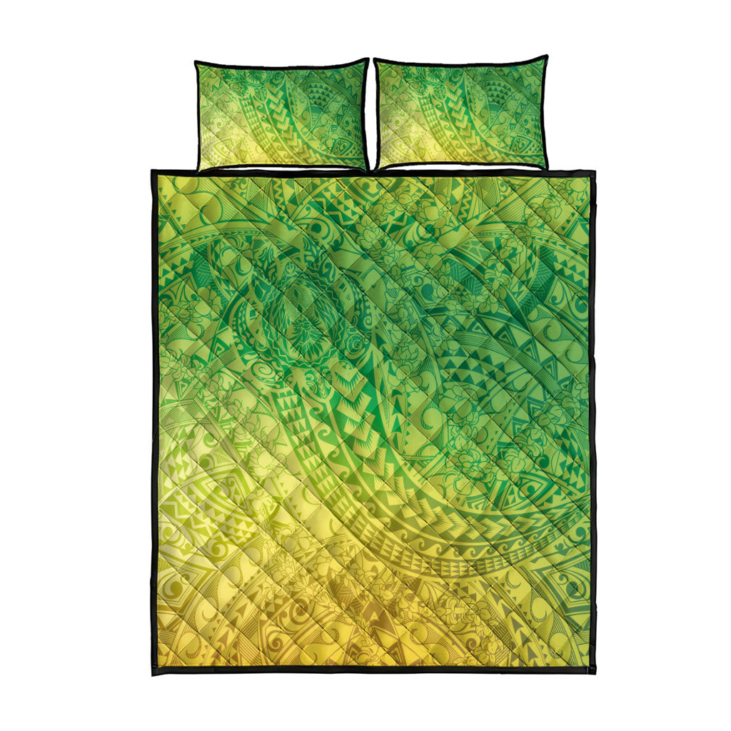 Hawaiian Turtles and Leis Quilt Bed Set Tribal Kakau Pattern Fresh Summer Vibe